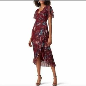 Anthropologie Vone Red Floral Mireya Midi Dress Size 6 Short Sleeve Ruffle EUC